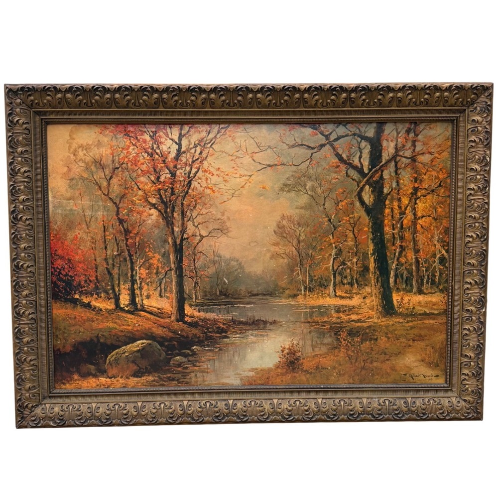 Vintage Robert Wood 1956 Autumn‎ Landscape Framed Print Textured Art Gold Frame